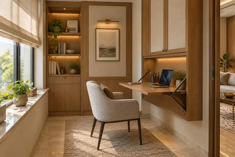 AI-generated home office concept: fold-down desk study, quiet transitional direction