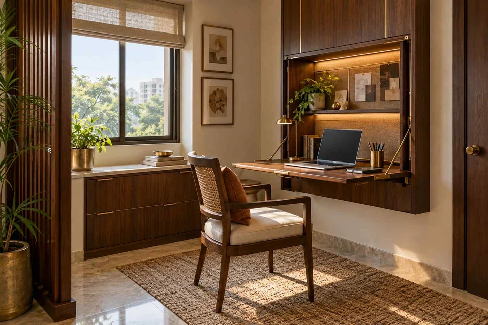 AI-generated home office concept: fold-down desk study, rosewood brass direction