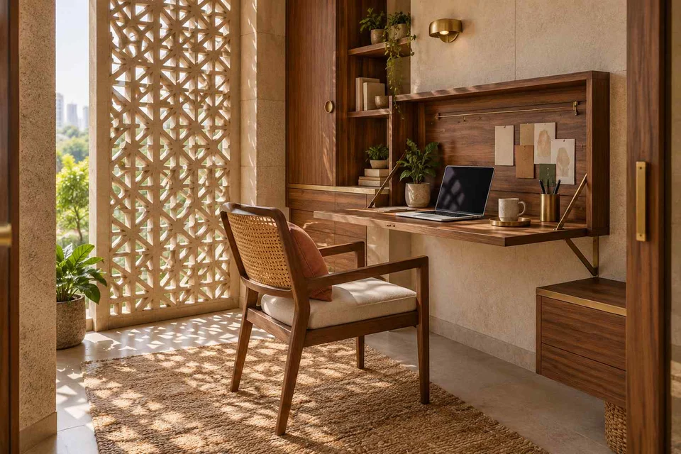 AI-generated home office concept: fold-down desk study, sandstone lattice direction