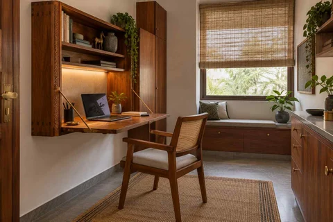 AI-generated home office concept: fold-down desk study, teak craft direction