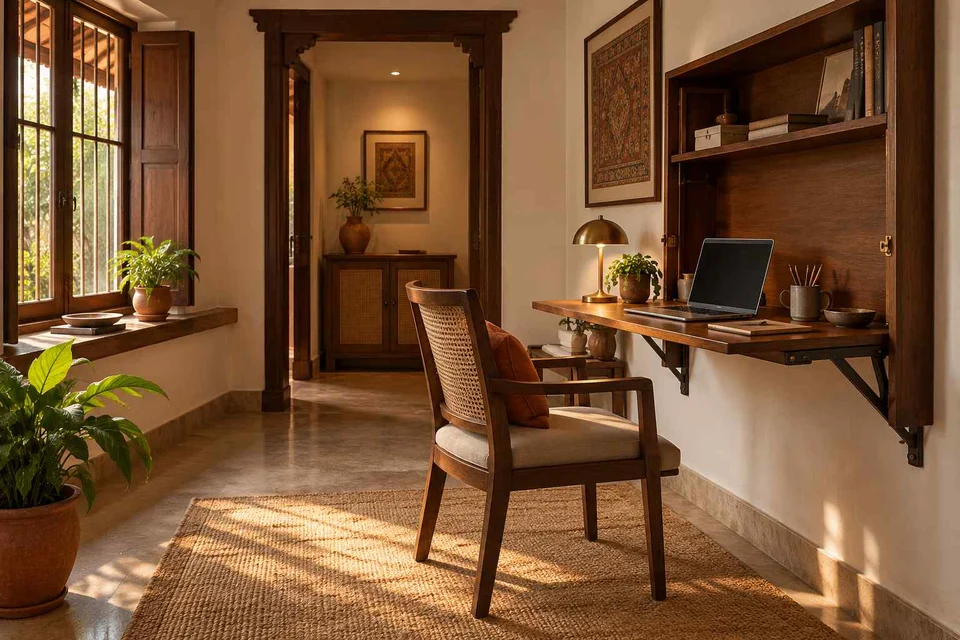 AI-generated home office concept: fold-down desk study, terracotta heritage direction