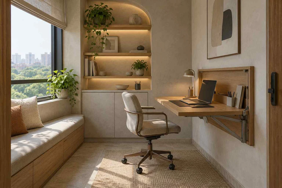 AI-generated home office concept: fold-down desk study, textured mineral direction