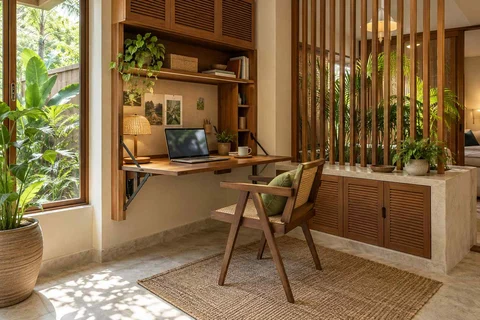 AI-generated home office concept: fold-down desk study, tropical slatted direction