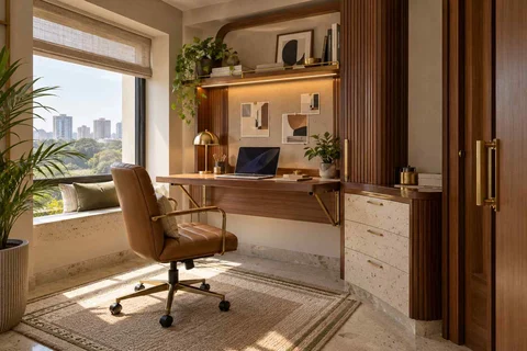 AI-generated home office concept: fold-down desk study, urban deco direction