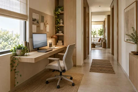 AI-generated home office concept: gallery work ledge, ash and linen direction