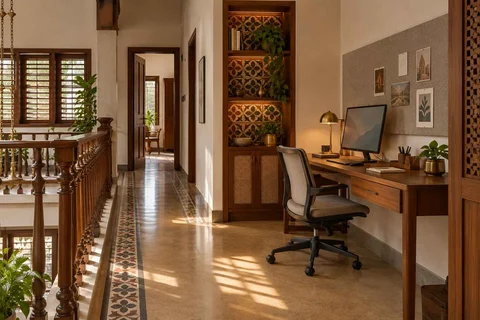 AI-generated home office concept: gallery work ledge, chettinad tile direction