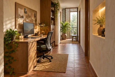 AI-generated home office concept: gallery work ledge, clay artisan direction