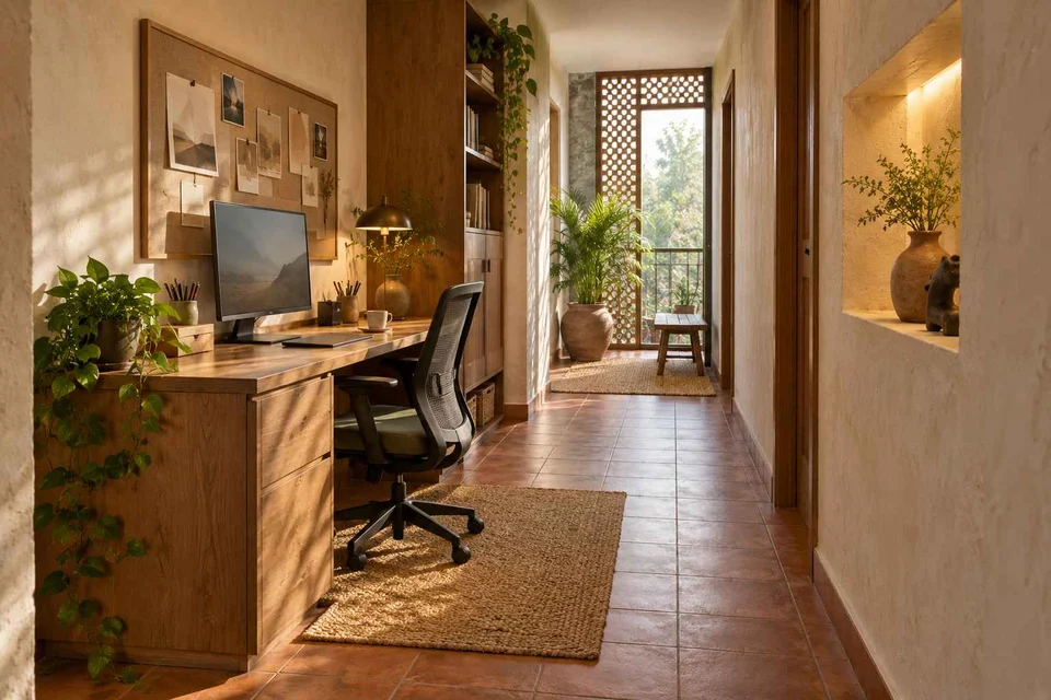 AI-generated home office concept: gallery work ledge, clay artisan direction