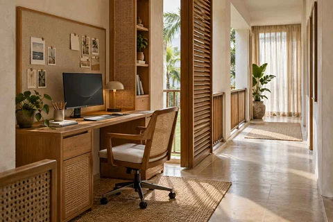 AI-generated home office concept: gallery work ledge, coastal woven direction
