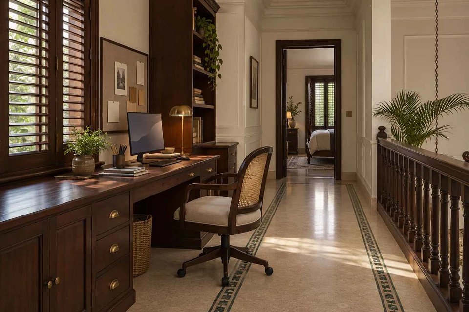 AI-generated home office concept: gallery work ledge, colonial quiet direction