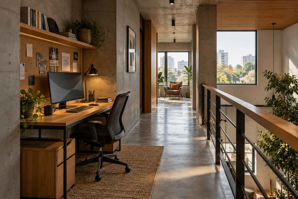 AI-generated home office concept: gallery work ledge, concrete and oak direction