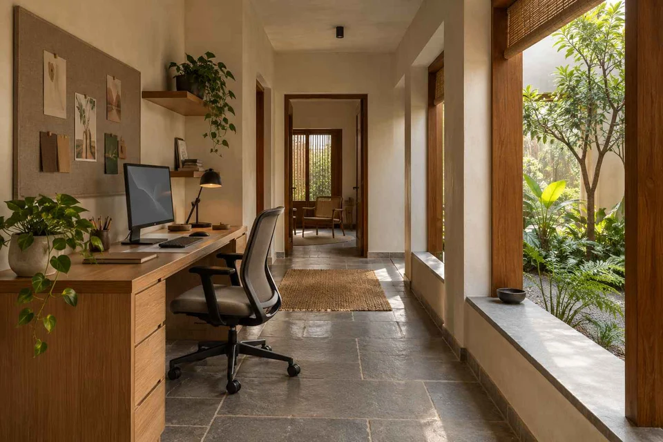 AI-generated home office concept: gallery work ledge, courtyard modern direction