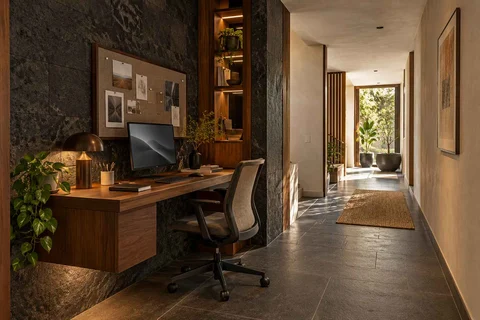AI-generated home office concept: gallery work ledge, deccan stone direction