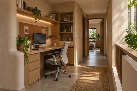 AI-generated home office concept: gallery work ledge, earth and bamboo direction