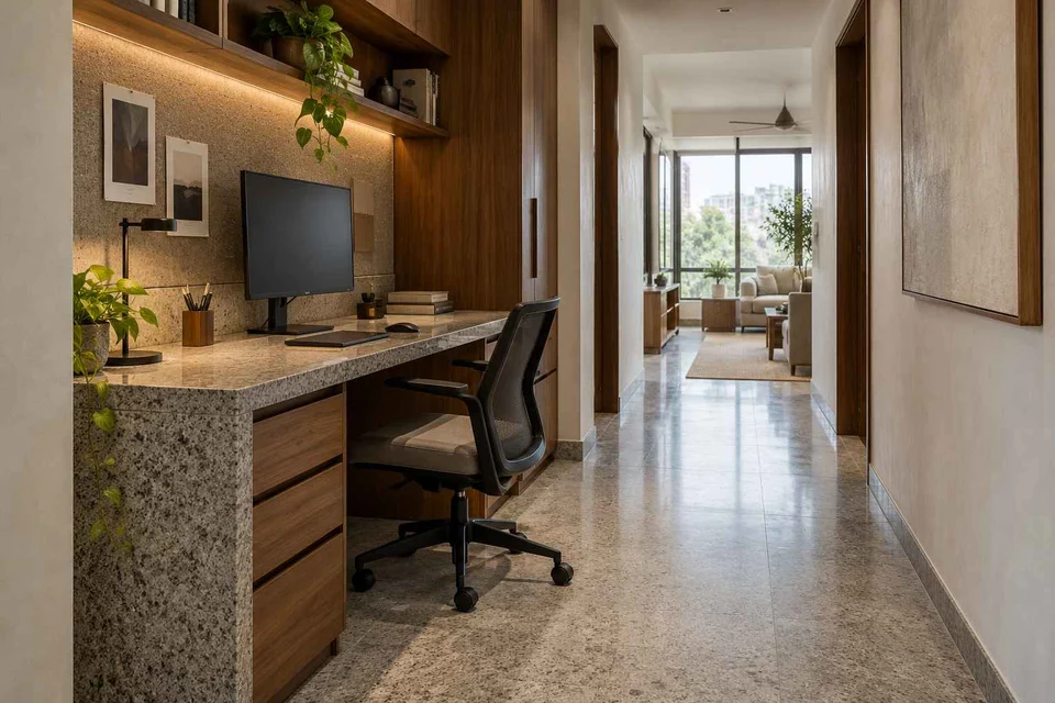 AI-generated home office concept: gallery work ledge, granite precision direction