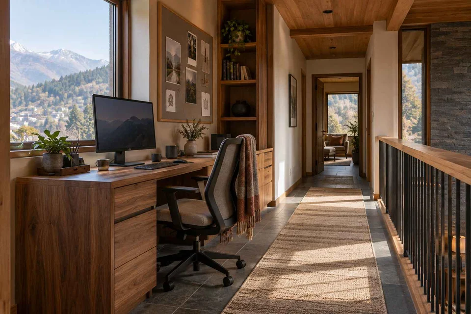 AI-generated home office concept: gallery work ledge, hill timber direction