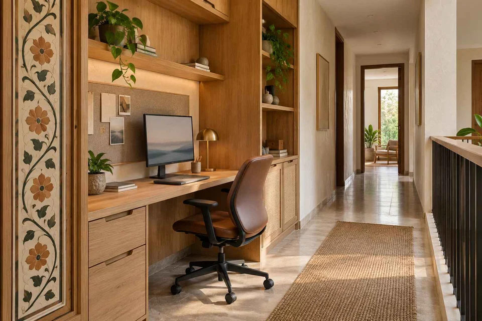 AI-generated home office concept: gallery work ledge, inlay atelier direction
