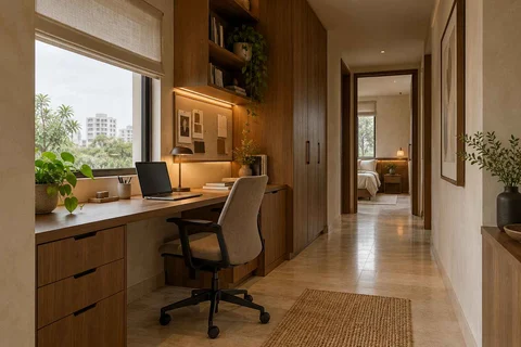 AI-generated home office concept: gallery work ledge, lime and walnut direction