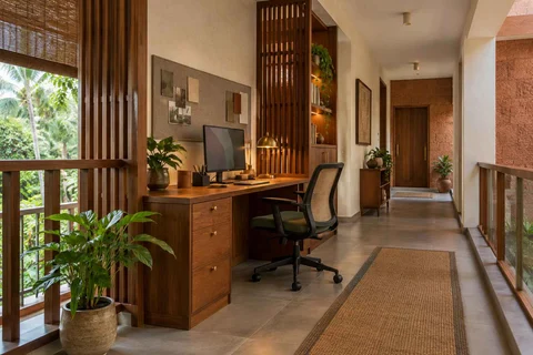 AI-generated home office concept: gallery work ledge, malabar timber direction