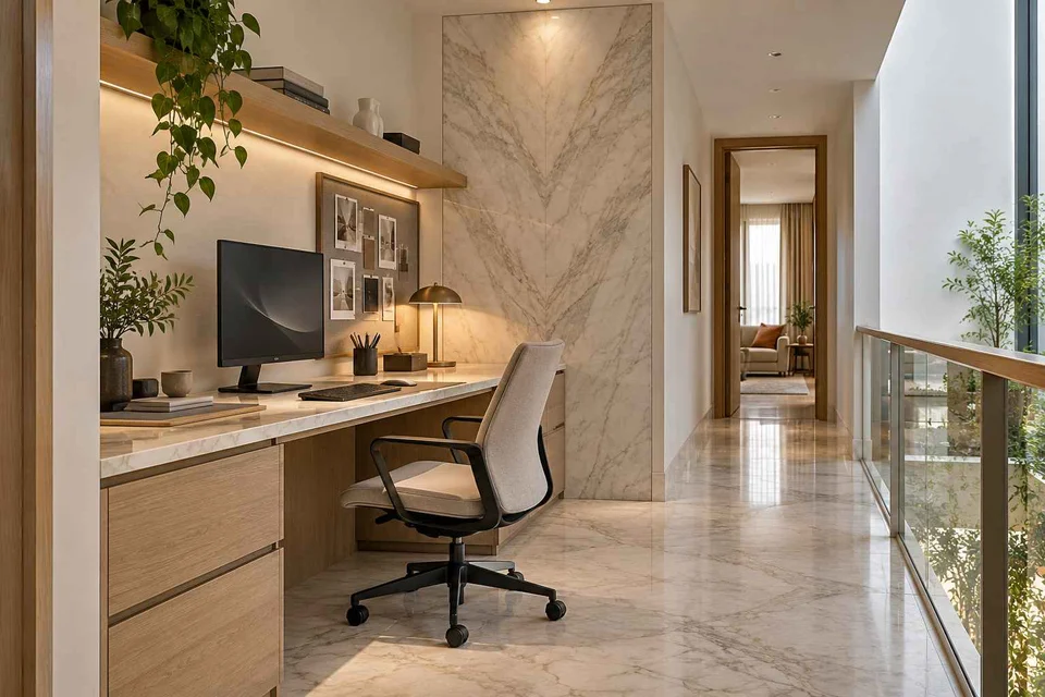 AI-generated home office concept: gallery work ledge, marble restraint direction