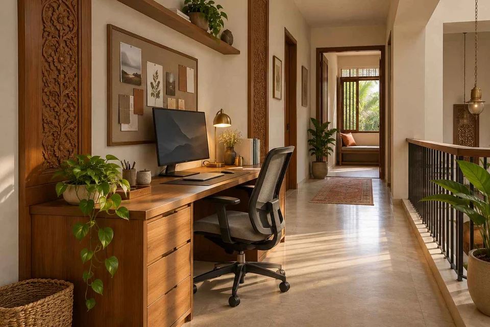 AI-generated home office concept: gallery work ledge, modern carved direction