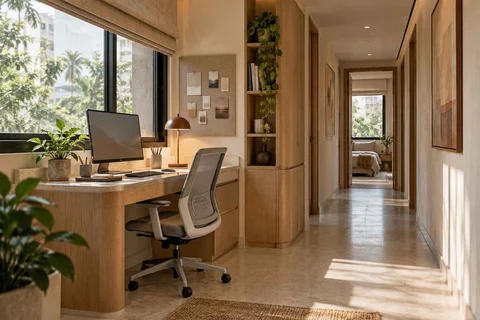 AI-generated home office concept: gallery work ledge, quiet contemporary direction