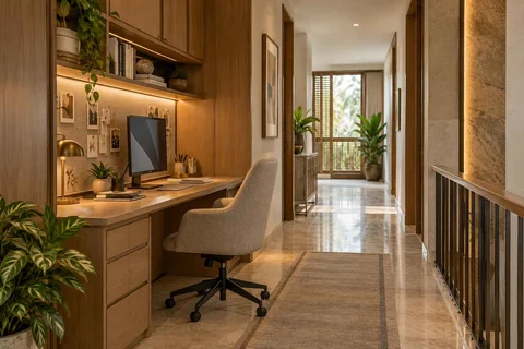 AI-generated home office concept: gallery work ledge, quiet transitional direction