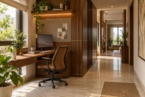 AI-generated home office concept: gallery work ledge, rosewood brass direction