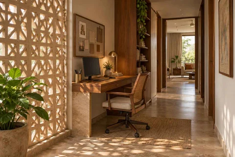 AI-generated home office concept: gallery work ledge, sandstone lattice direction
