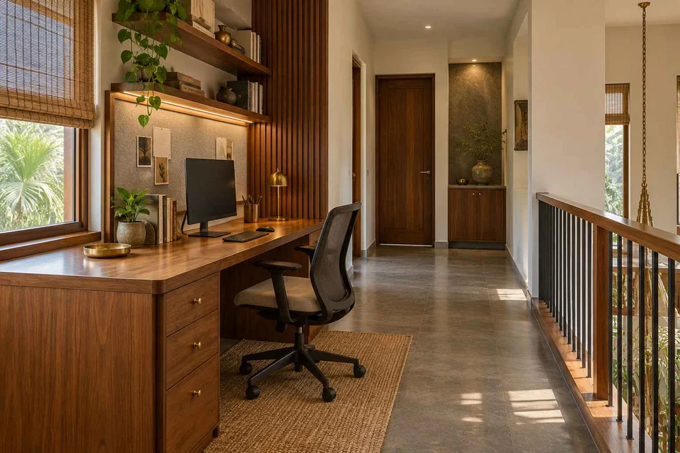 AI-generated home office concept: gallery work ledge, teak craft direction