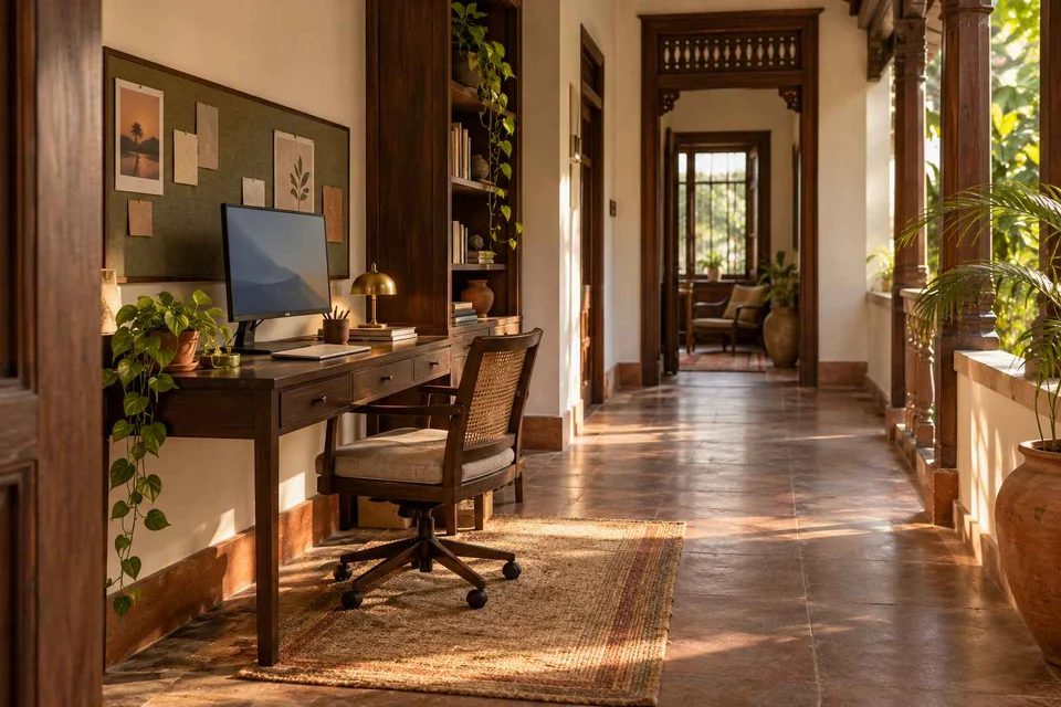 AI-generated home office concept: gallery work ledge, terracotta heritage direction