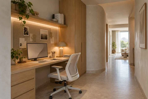 AI-generated home office concept: gallery work ledge, textured mineral direction