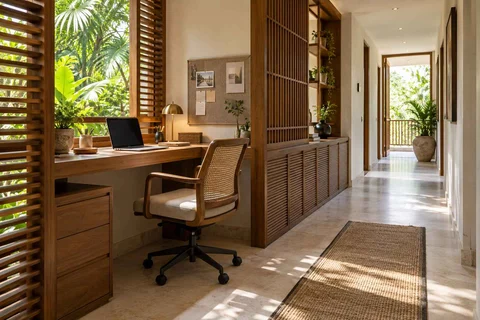 AI-generated home office concept: gallery work ledge, tropical slatted direction