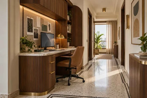AI-generated home office concept: gallery work ledge, urban deco direction