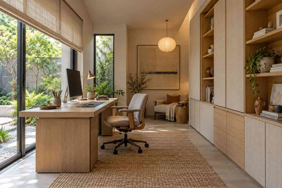 AI-generated home office concept: garden studio office, ash and linen direction