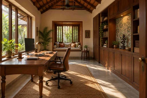 AI-generated home office concept: garden studio office, chettinad tile direction