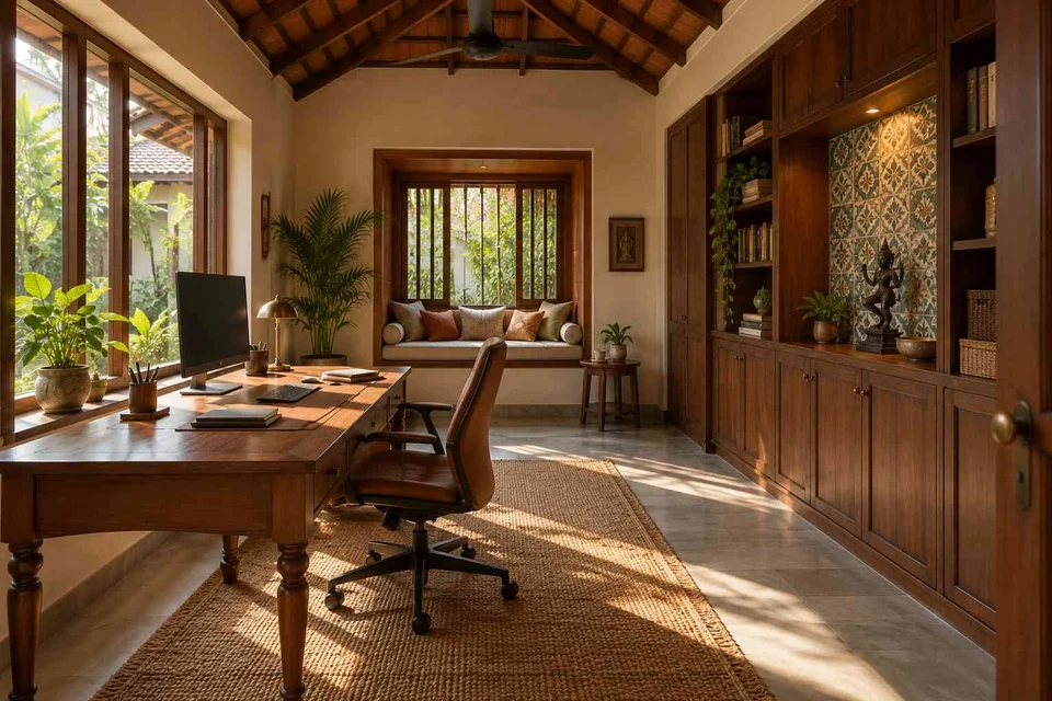 AI-generated home office concept: garden studio office, chettinad tile direction