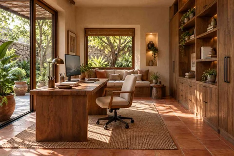 AI-generated home office concept: garden studio office, clay artisan direction