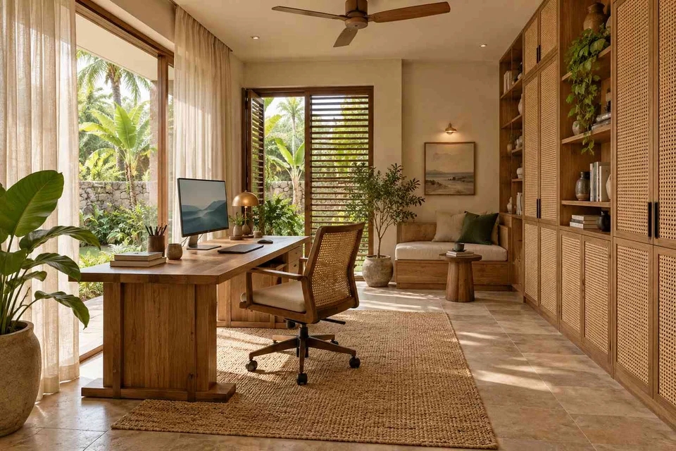 AI-generated home office concept: garden studio office, coastal woven direction