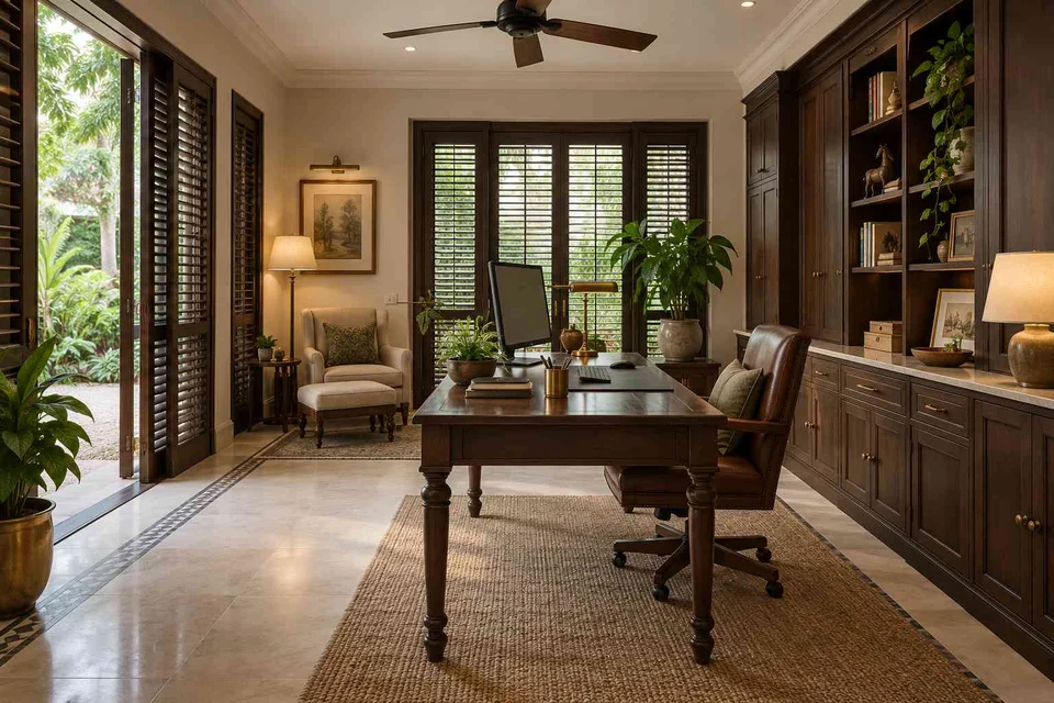 AI-generated home office concept: garden studio office, colonial quiet direction