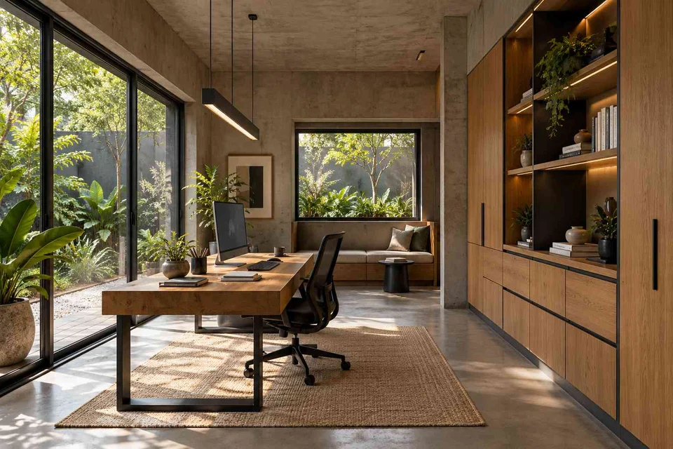 AI-generated home office concept: garden studio office, concrete and oak direction