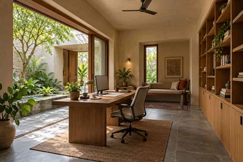 AI-generated home office concept: garden studio office, courtyard modern direction
