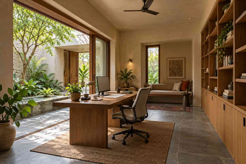 AI-generated home office concept: garden studio office, courtyard modern direction