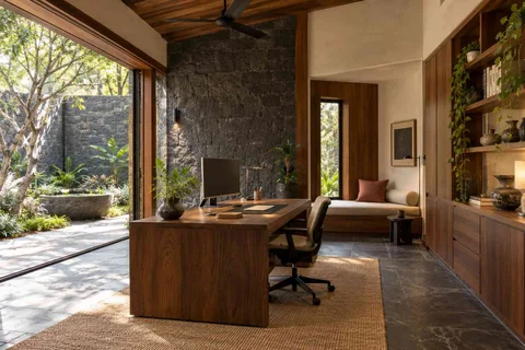 AI-generated home office concept: garden studio office, deccan stone direction