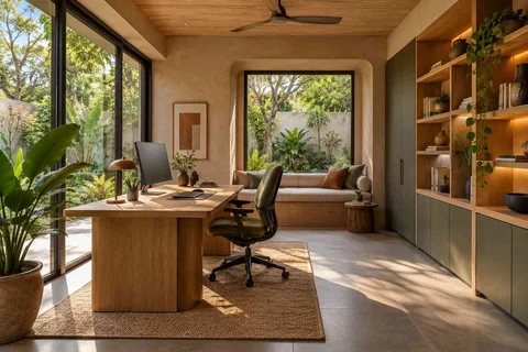 AI-generated home office concept: garden studio office, earth and bamboo direction