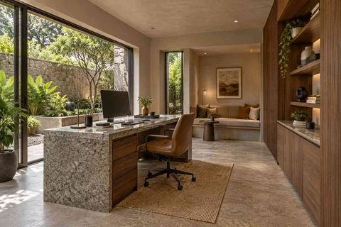 AI-generated home office concept: garden studio office, granite precision direction