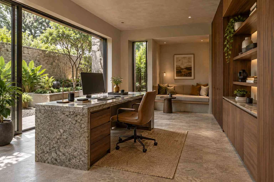 AI-generated home office concept: garden studio office, granite precision direction
