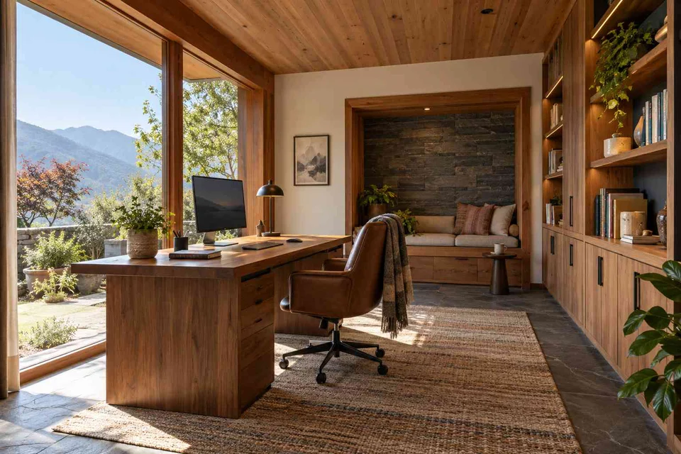 AI-generated home office concept: garden studio office, hill timber direction