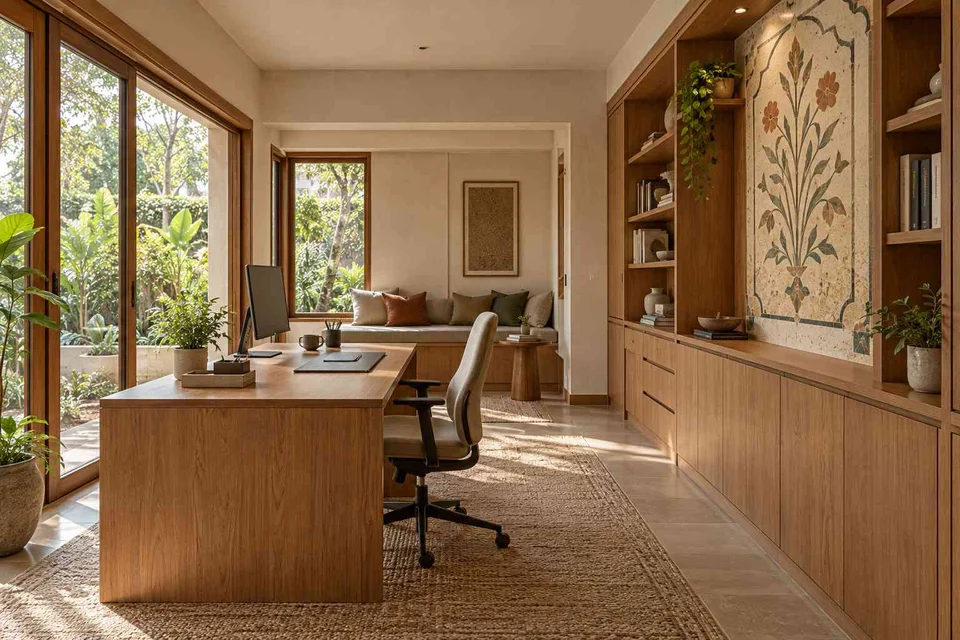 AI-generated home office concept: garden studio office, inlay atelier direction