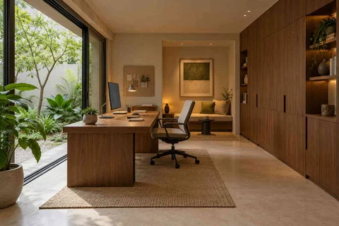 AI-generated home office concept: garden studio office, lime and walnut direction